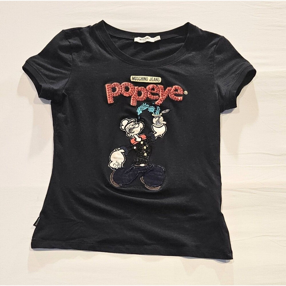 Moschino Jeans Popeye Womens Size 14 Black Embellished Graphic T-Shirt Vintage